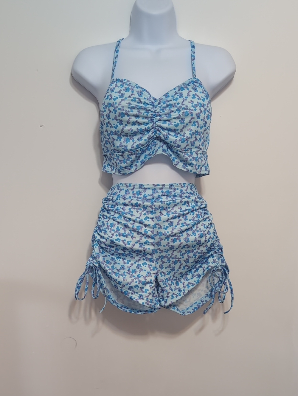 Unbranded Light Blue Microfloral Two Piece Swim Suit Size Small